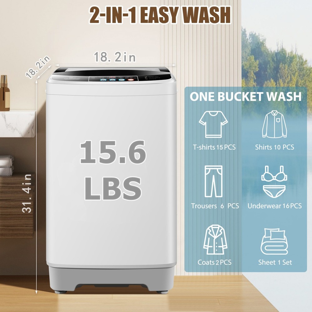 Portable Washing Machine 15.6lbs Capacity Full-Automatic 10 Modes Laundry Washer