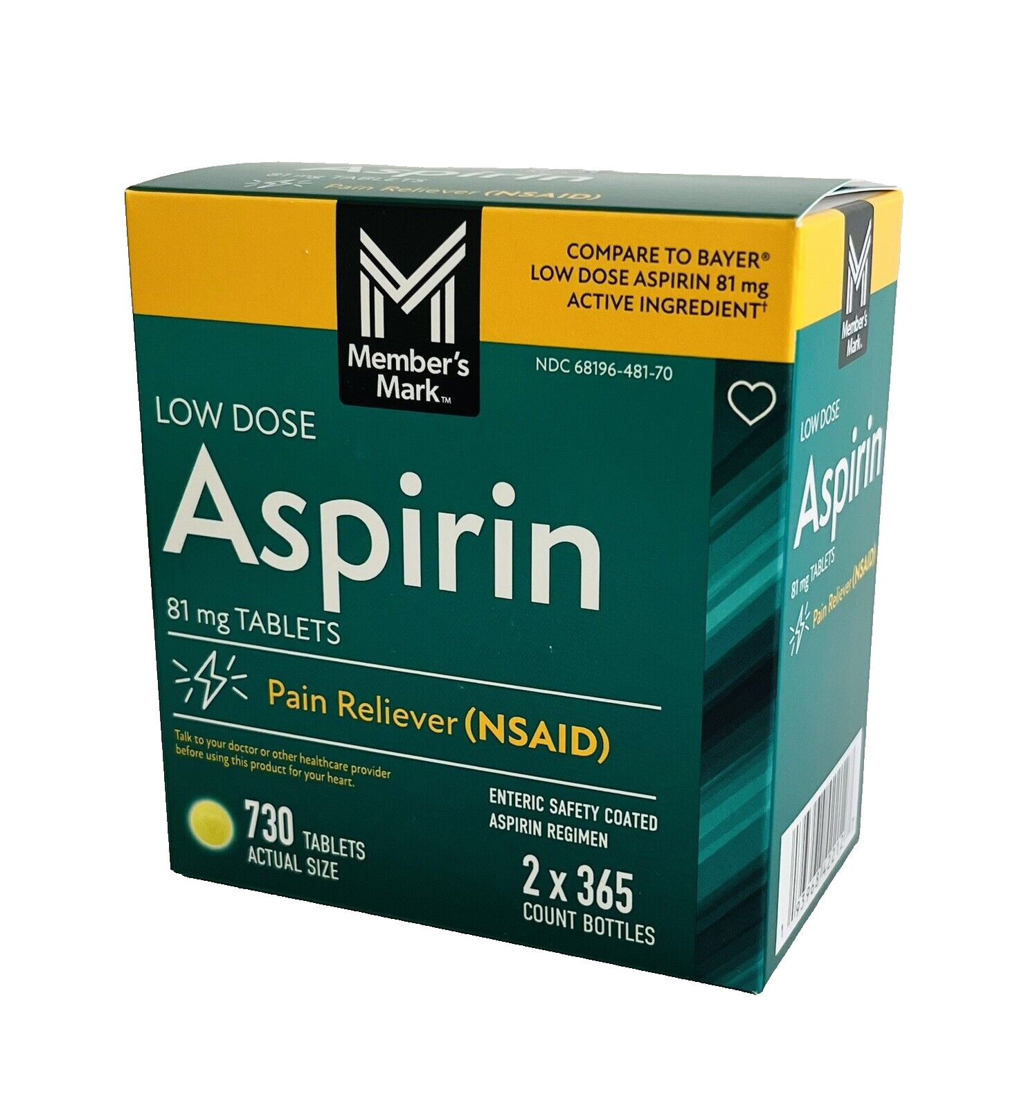 Member's Mark Low Dose Aspirin 81mg x2 365 Ct BOTTLES, 730 Tabs~Compare to Bayer