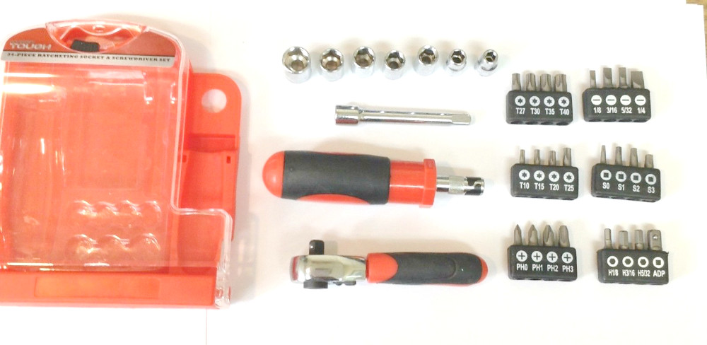 34pc Stubby Tool Set 1/4" Drive Ratchet Handle w/ Screwdriver, Sockets and Bits