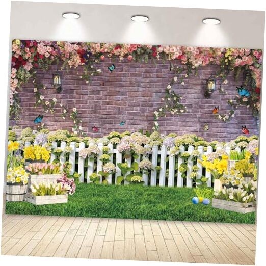 7x5ft Spring Backdrop for Photography Flower Fence Pink Brick Wall 7’x5‘