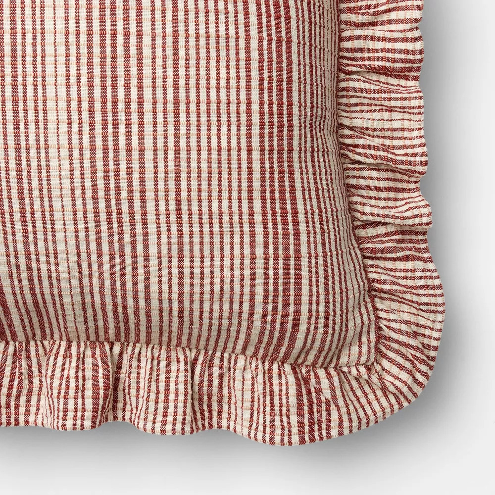 24"x24" Uneven Plaid with Ruffle Pillow Burgundy/Cream - Threshold designed