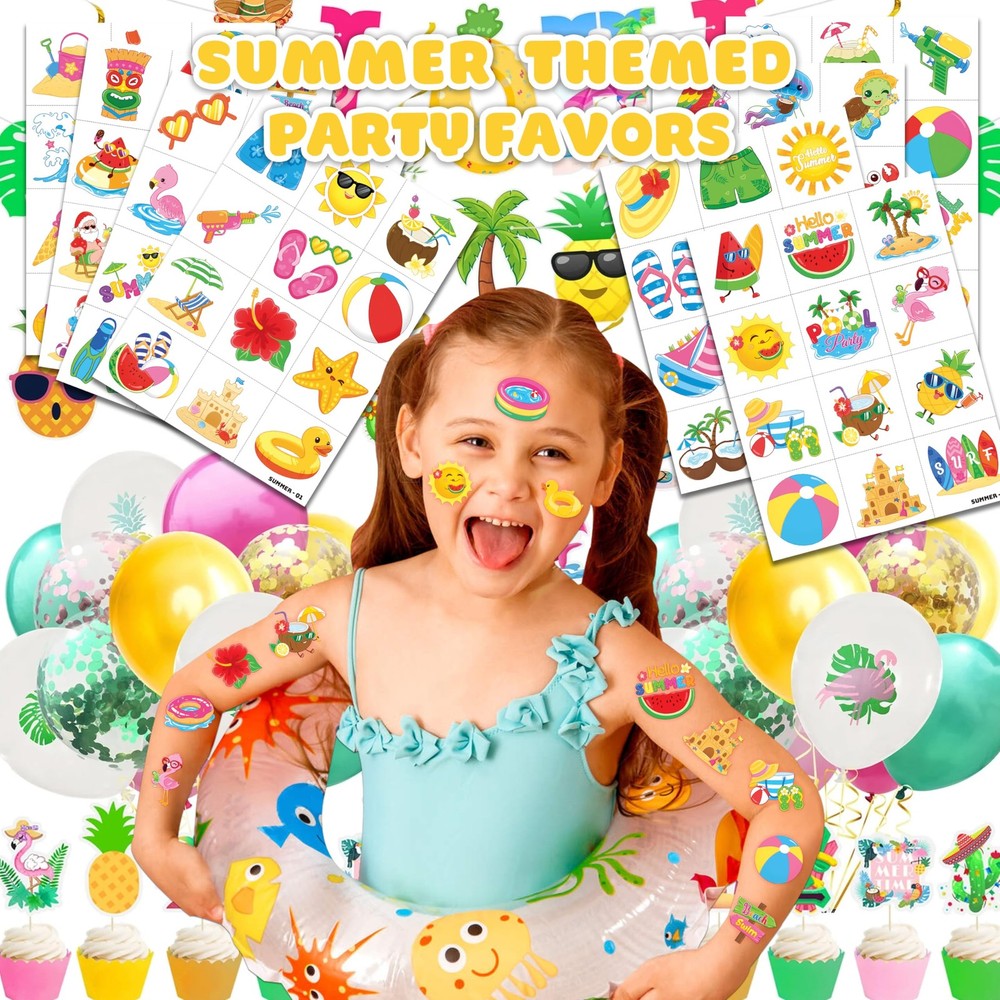 96 PCS Hello Summer Beach Pool Hawaiian Pre-Cut Temporary Medium, Multiple