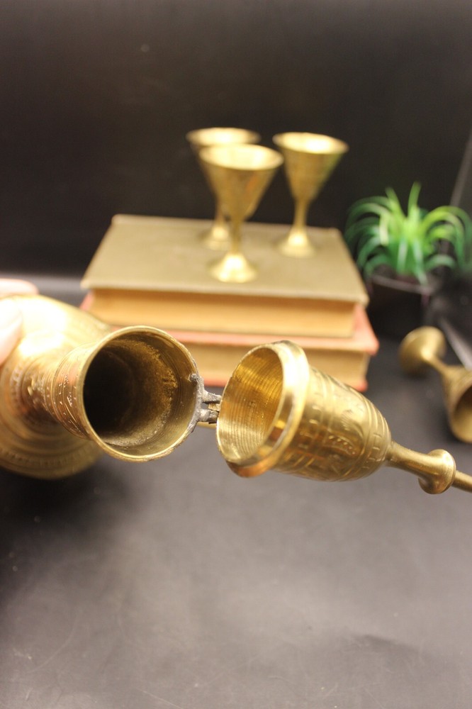 Brass Tea Pot Hinged Lid + 4 Goblets Indian Middle Eastern Service Set