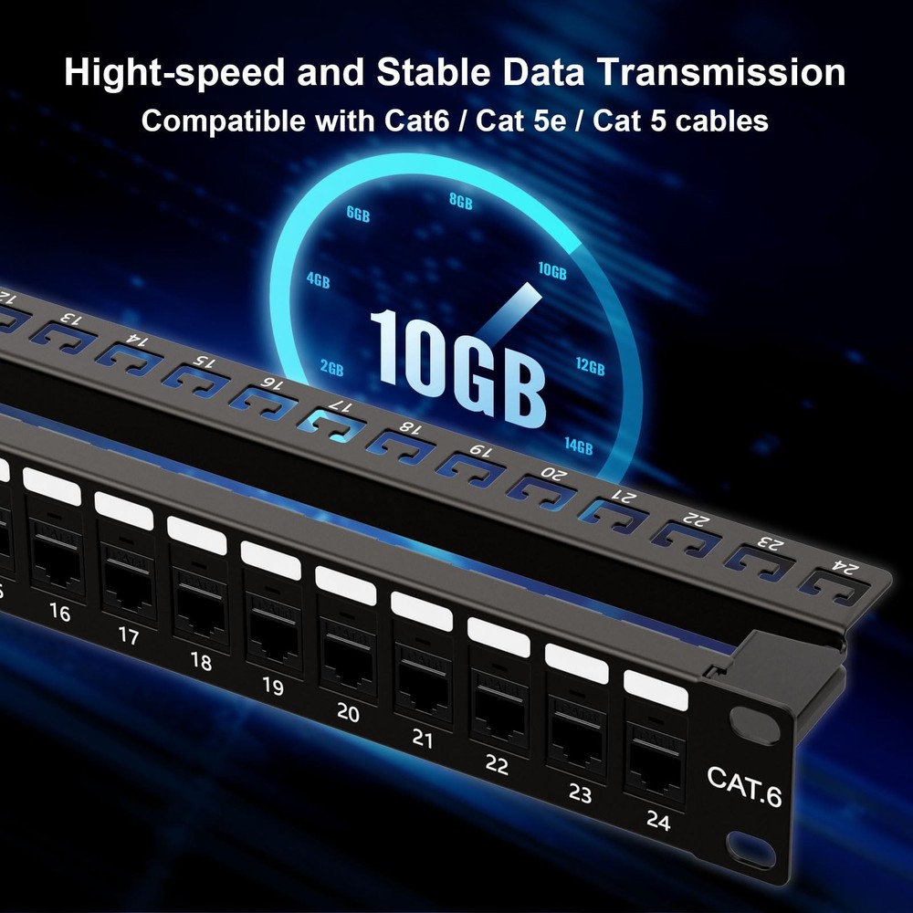 10Gbps Patch Panel 24 Port, RJ45 Through Coupler Cat6 Patch Panel UTP 19-Inch...