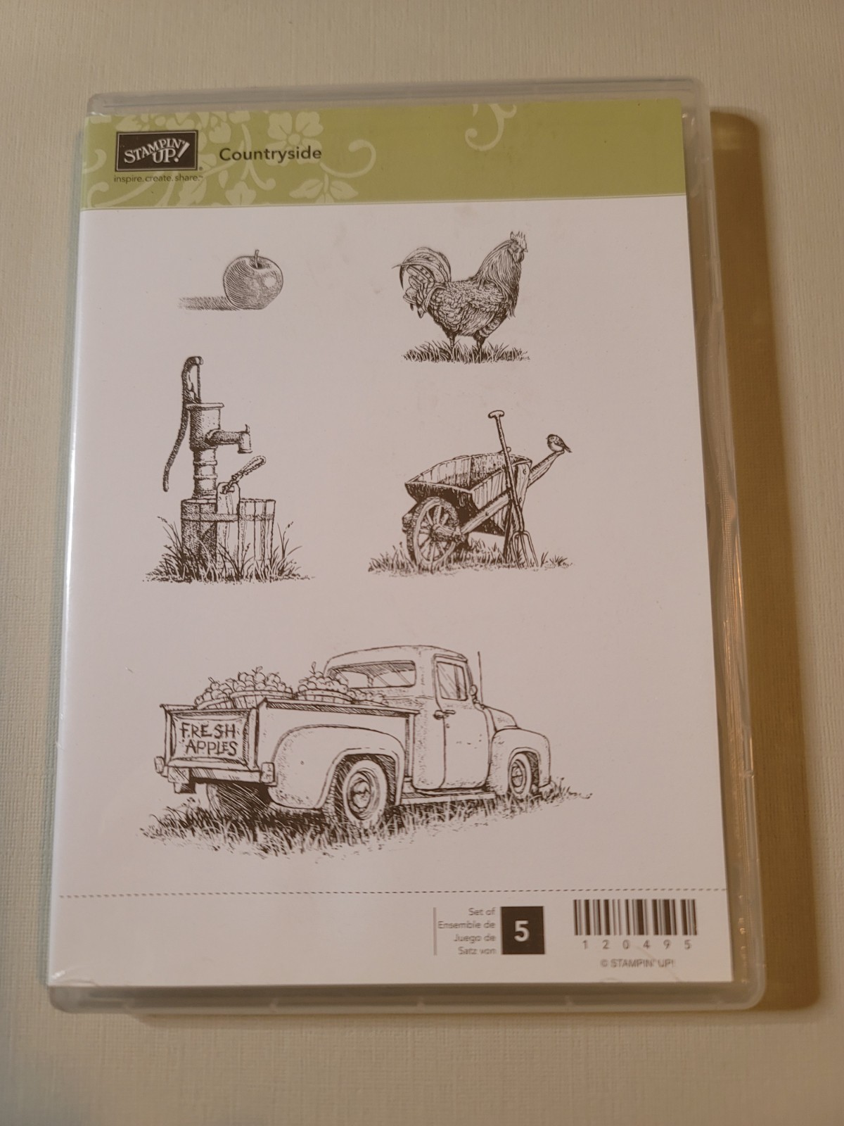 Retired Stampin' Up Stamp Set- COUNTRYSIDE- wheelbarrow, truck, apples, rooster