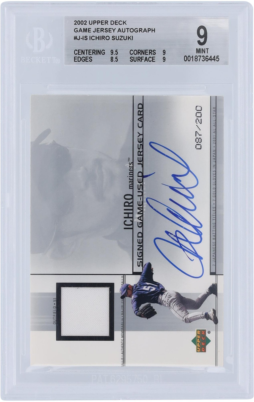 Ichiro Suzuki Mariners Signed 2002 Upper Deck Relic #J-IS #87/200 BGS 9 Card