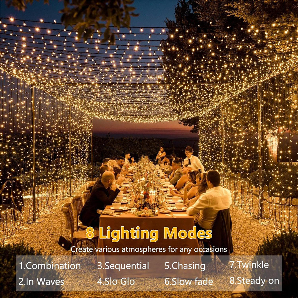 String Lights Warm White, 66Ft 200 LED Christmas String Lights with Timer, 8 Mod