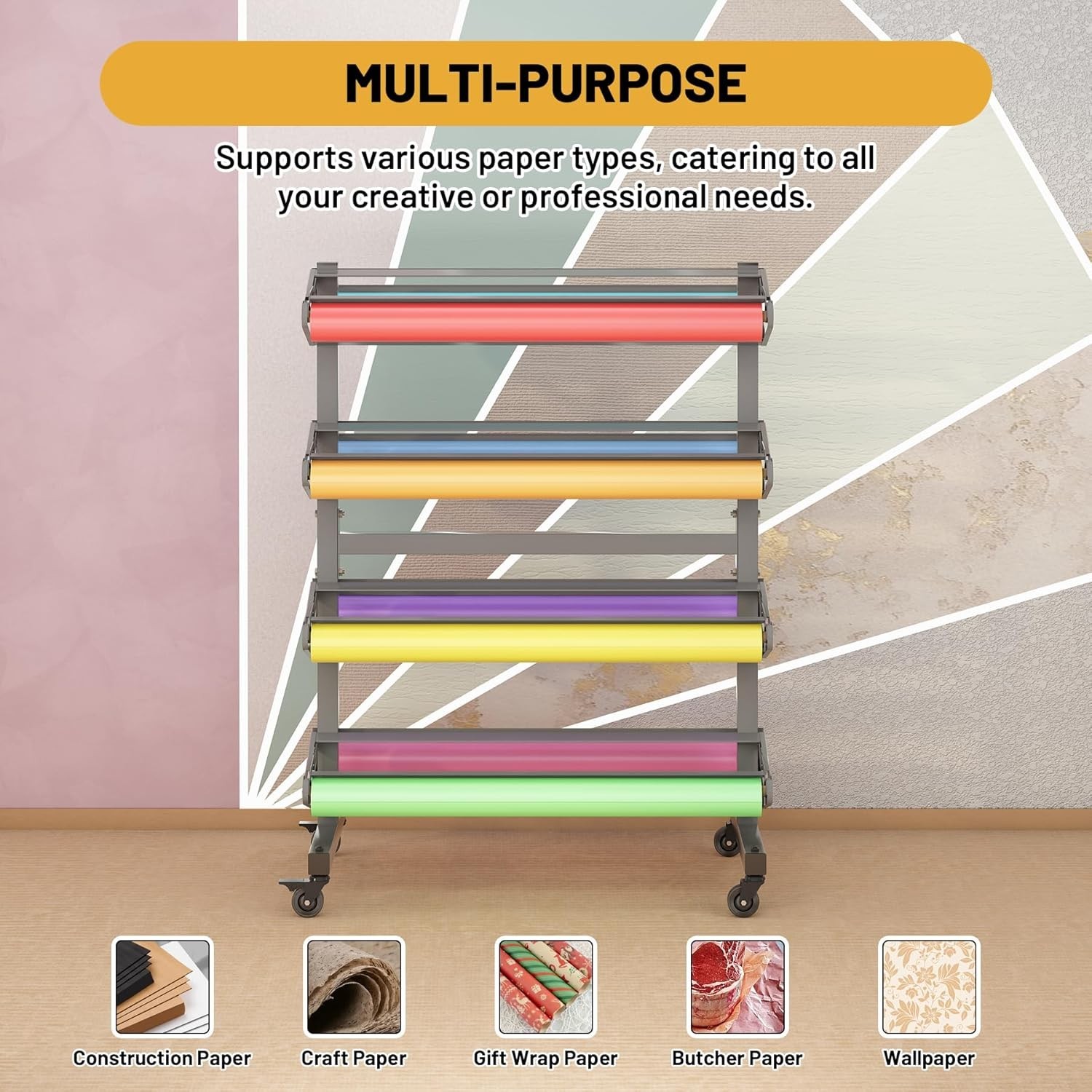 Large Paper Roll Holder Rack for 8 Roll 36" Rolls Dispenser Stand and Cutter