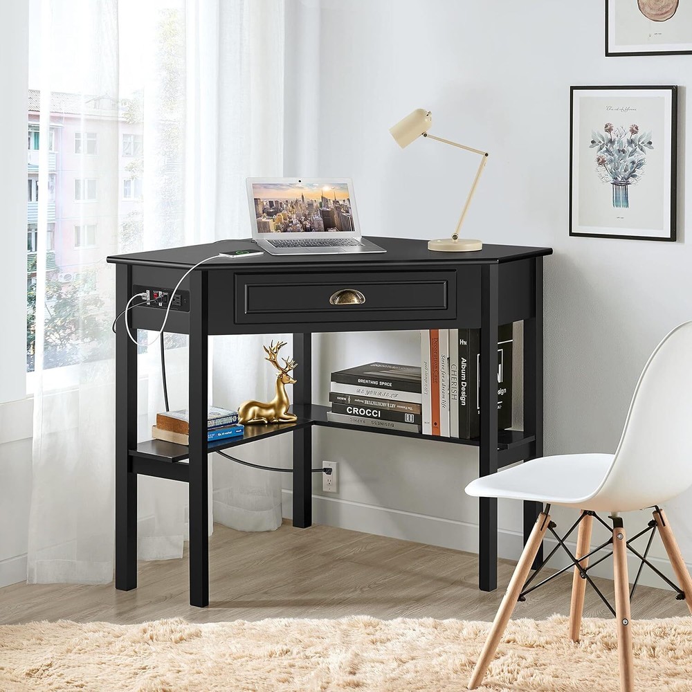 L Shaped Computer Desk Corner Table with Charging StationOutlets for Small Space