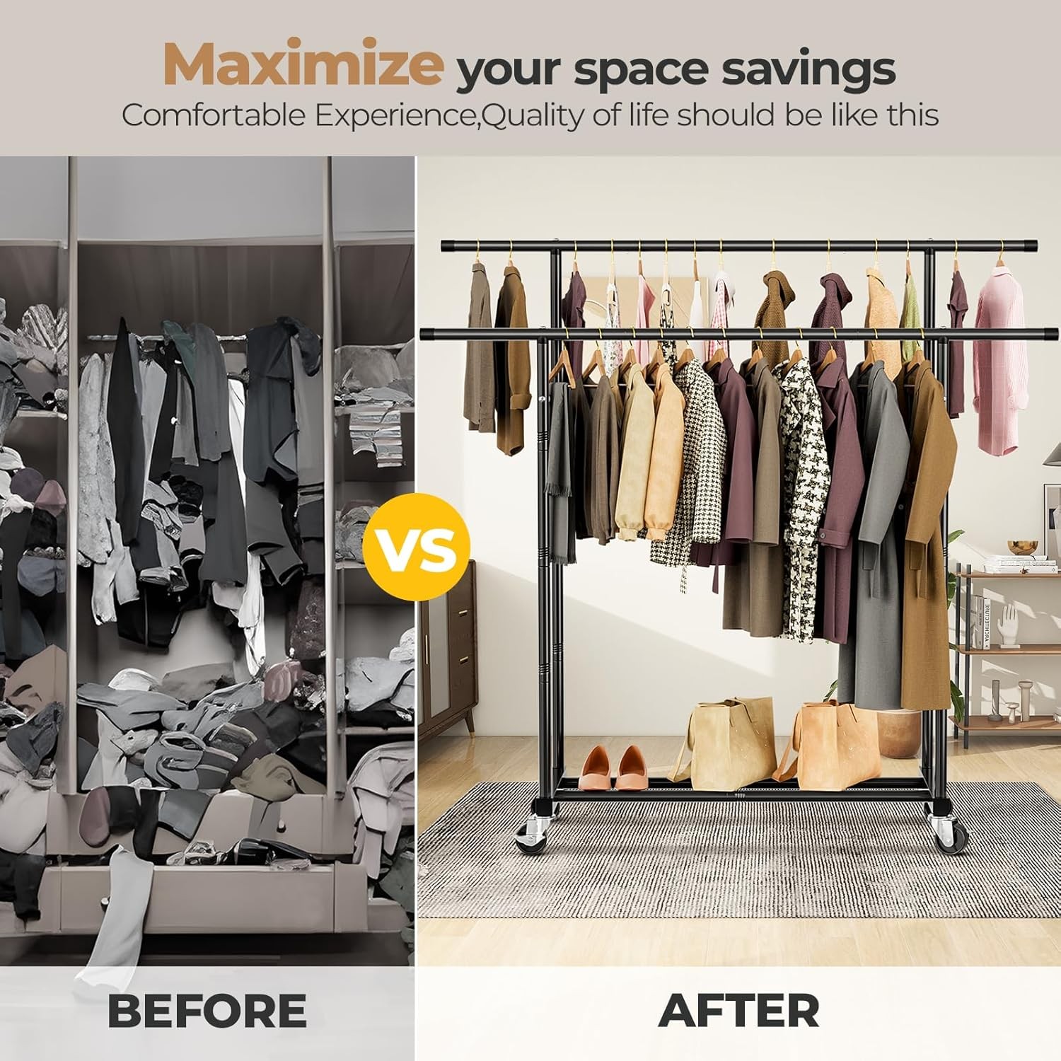 Abiglifty Double Rods Clothes Rack for Hanging Clothes Clothing Rack with Wheels