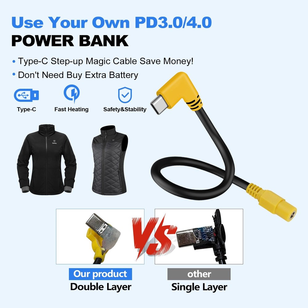 Smarkey 9V Heated Jacket Battery Step-Up Adapter Cable, Type-C Charger Cable...