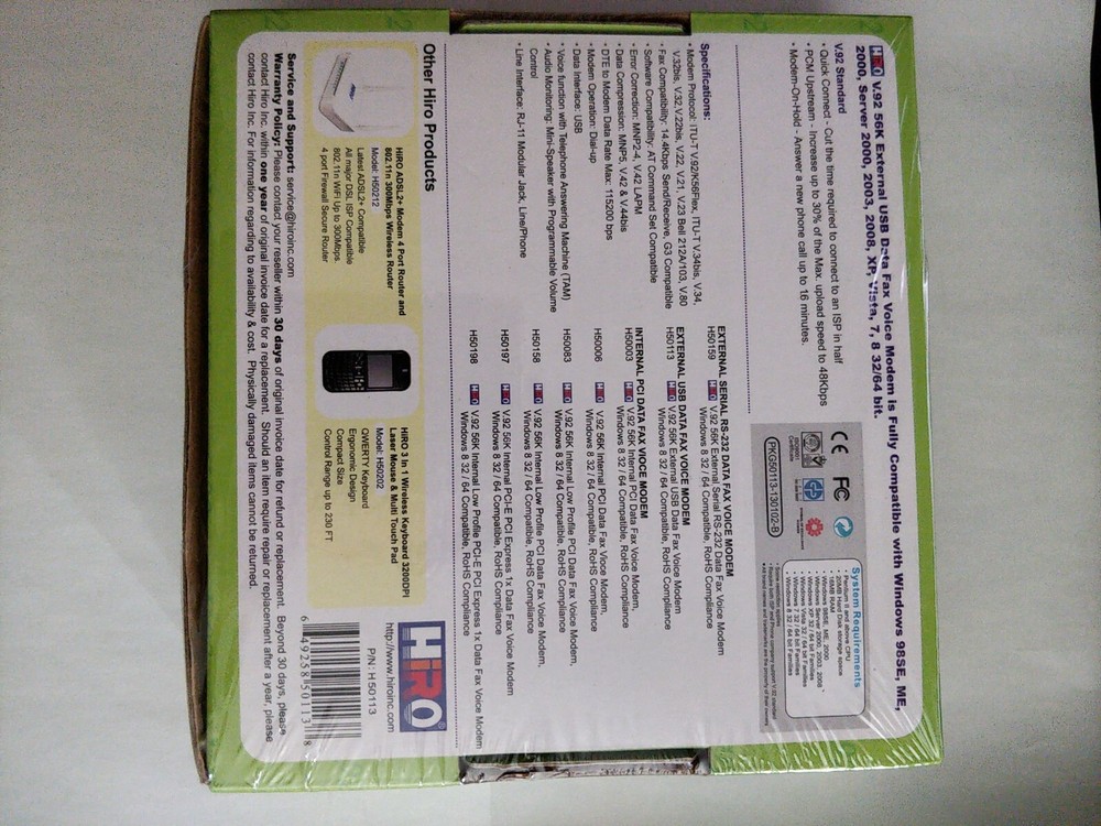HiRO H50113 V92 56K External USB Data Fax Dial Up Internet Modem