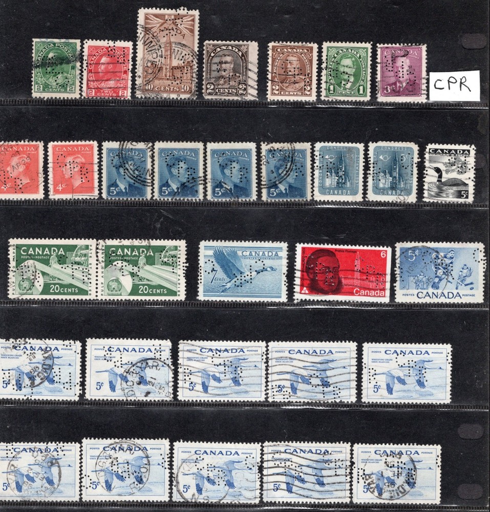 Canada 1903-1967 "CPR Perfins" Selection:  Singles, Multiples and Cover (front)