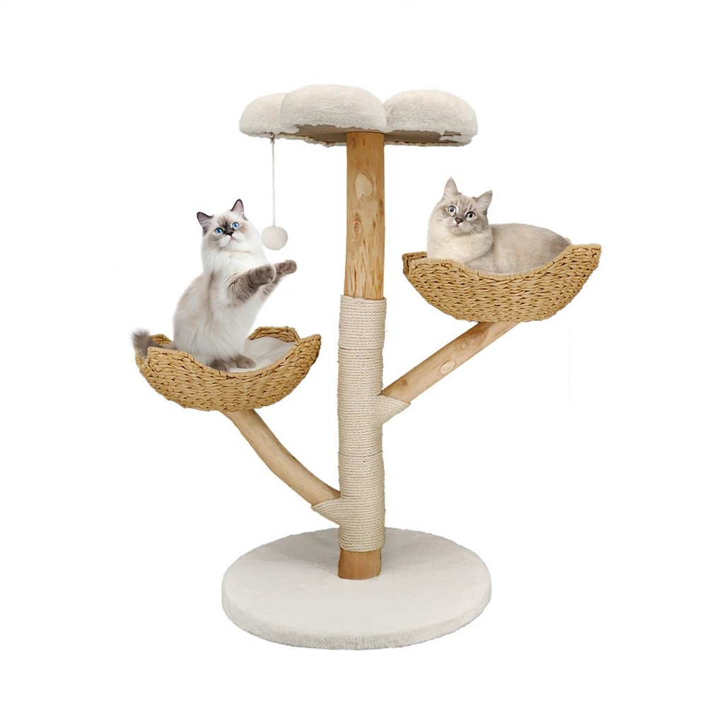 Solid Willow Wood Cat Tree w/ Soft White Bed & Scratching Post for 3 Large Cats
