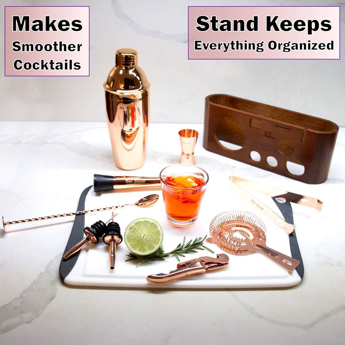 Bar Social 10 piece Bartender Cocktail Kit w/ Stand- Rose Gold - Stainless Steel