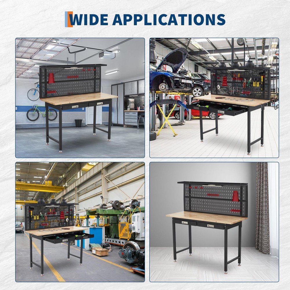 60" Adjustable Heavy Duty Workbench 2000 LBS Work Table with 2 Drawers LED Light