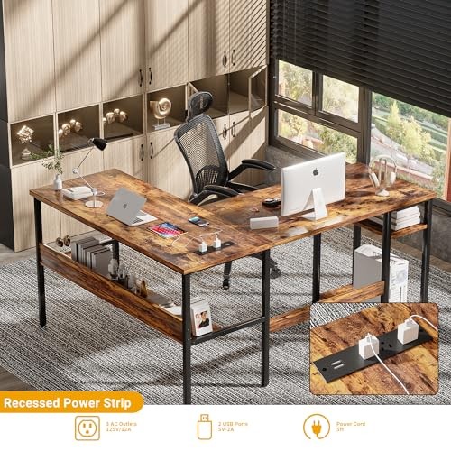 L Shaped Computer with Magic Power Outlets and USB Charging Desk Rustic Brown