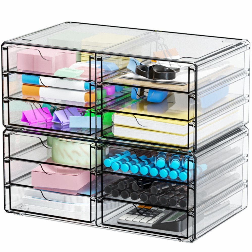 Acrylic Storage Clear Plastic 6 Drawers, Stackable Cabinet Organizer 2 Pack