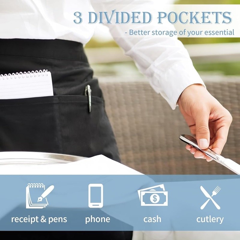 3 Pack Server Apron W/ Large Pockets Durable Polyester Kitchen Workwear New