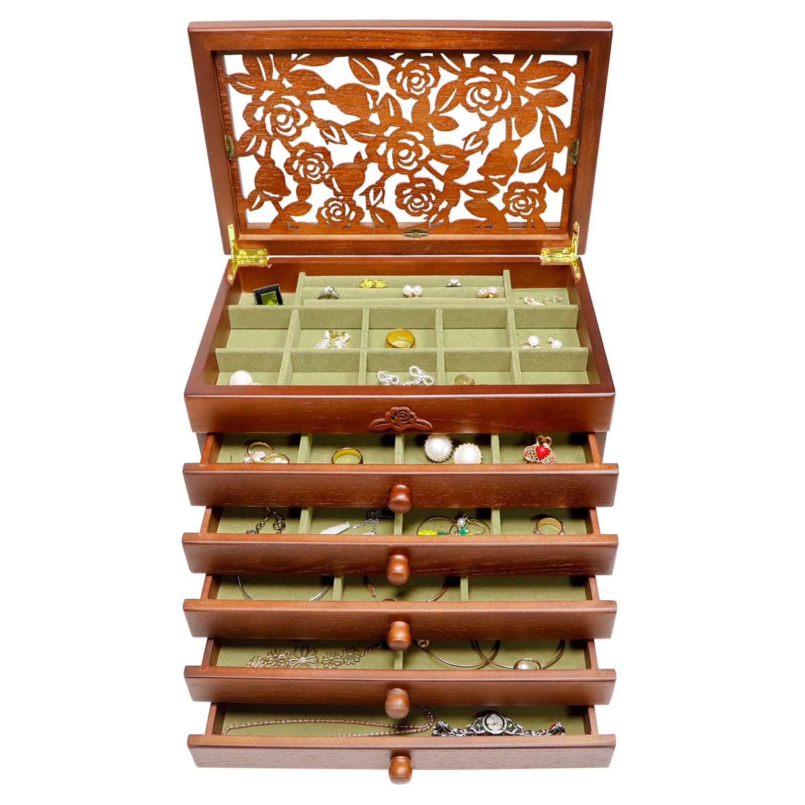 Kendal 6 Layer Wooden Jewelry Box Jewelry Holder Organizer w/ Rose Leaf Pattern