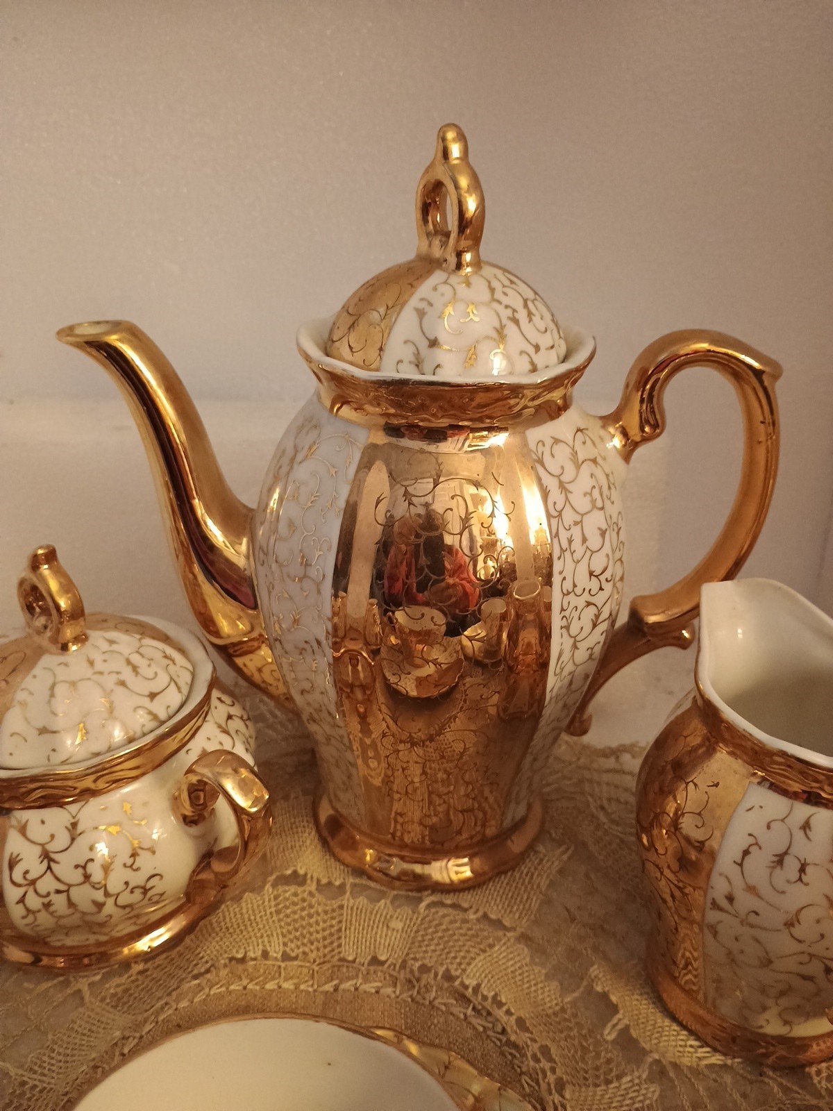 Antique Bavarian Gilded porcelain tea Set! Woldershof Pat 55! Good Condition