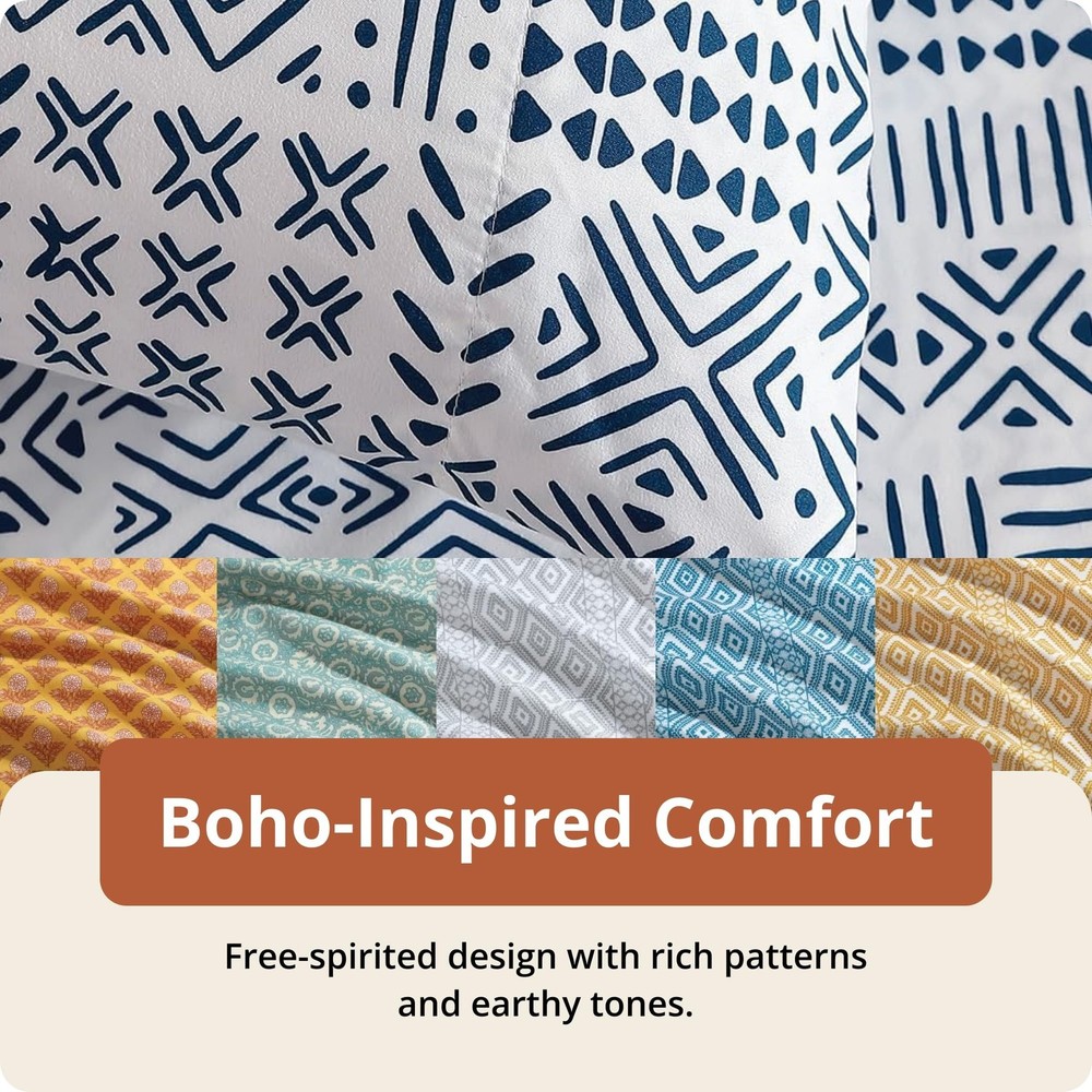 Indigo Ink - Queen Size Sheet Set, 4-Piece Boho Geometric Patterned Bedding, ...