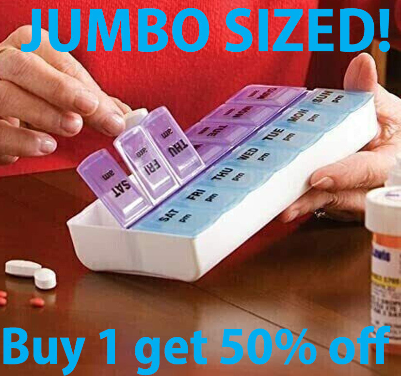 Jumbo Extra Large 7.5" x 4" Pill Organizer 7 Day 2 Times a Day Weekly Pill Box