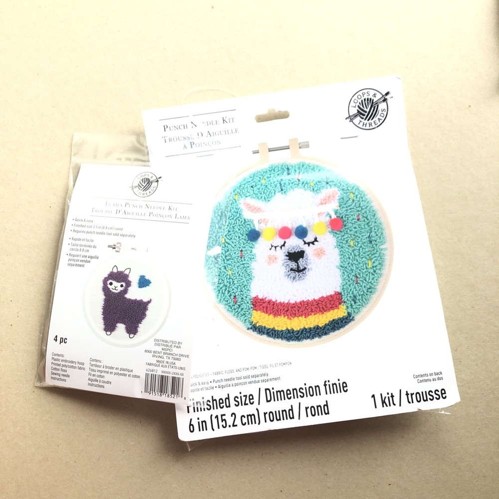 TWO Loops & Threads LLAMA Punch Needle Kit Embroidery Hoop Floss Needle