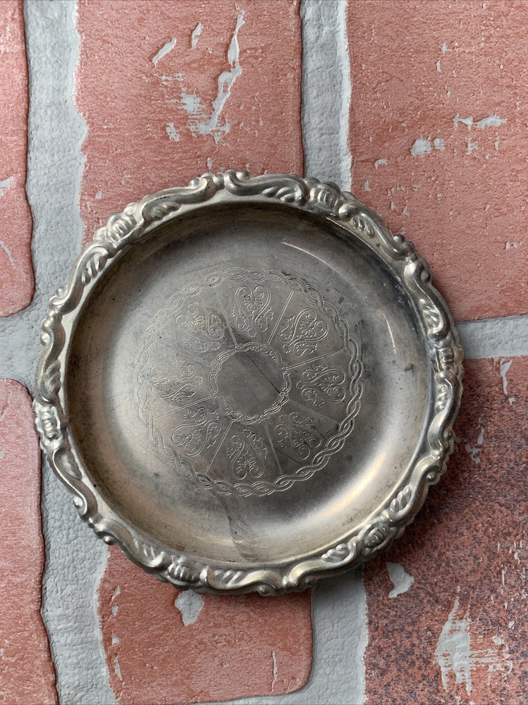 Silver Plated Trinket Dish/Ash Tray/Coaster, Etched, 4", Made In Italy