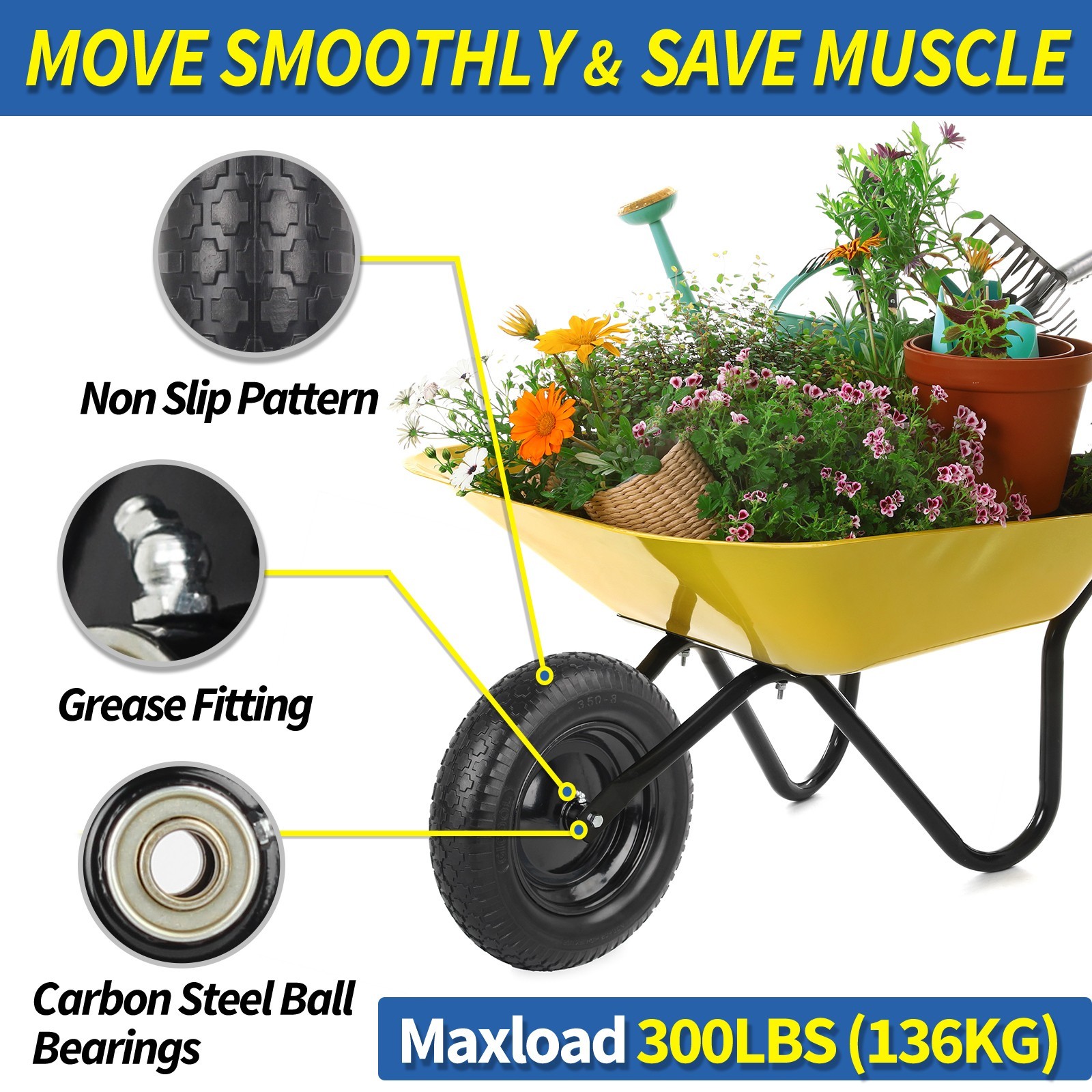 14.5 x 3.50-8 Flat free Tire & Wheel for Wheelbarrow Garden Wagon Trolley Cart