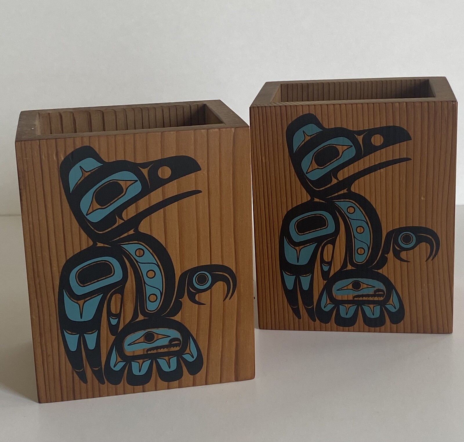 1988 Signed P DUNTHORNE /UPPER SKAGIT/Northwest USA/PAIR-Cedar Wood Boxes/Raven
