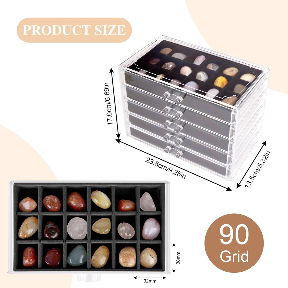 Rock Display Case, Collection Box, 90 Grid Crystal Clear