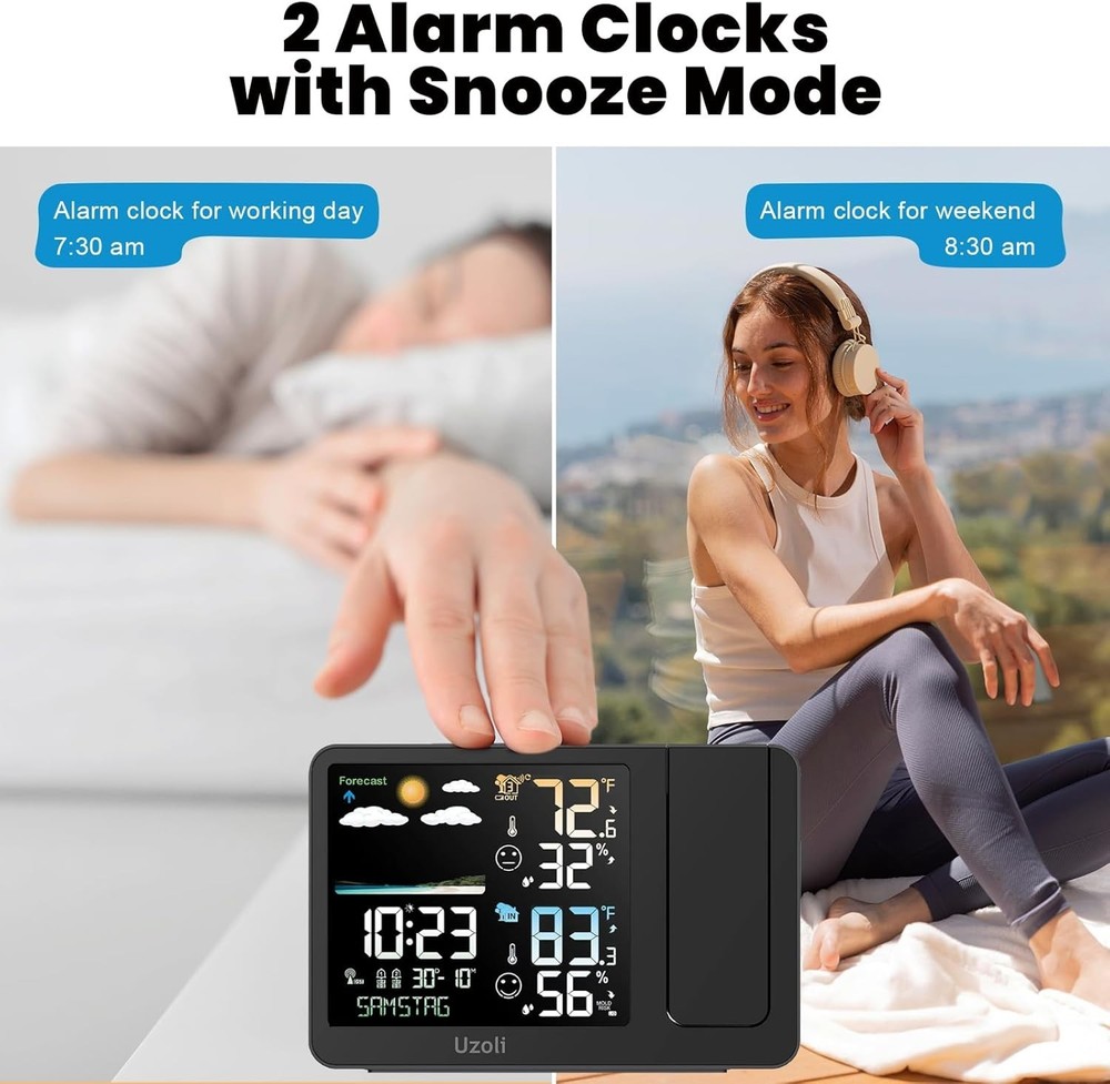 Projection Alarm Clock Weather Station, WWVB Atomic Projector Clock with Sensor,