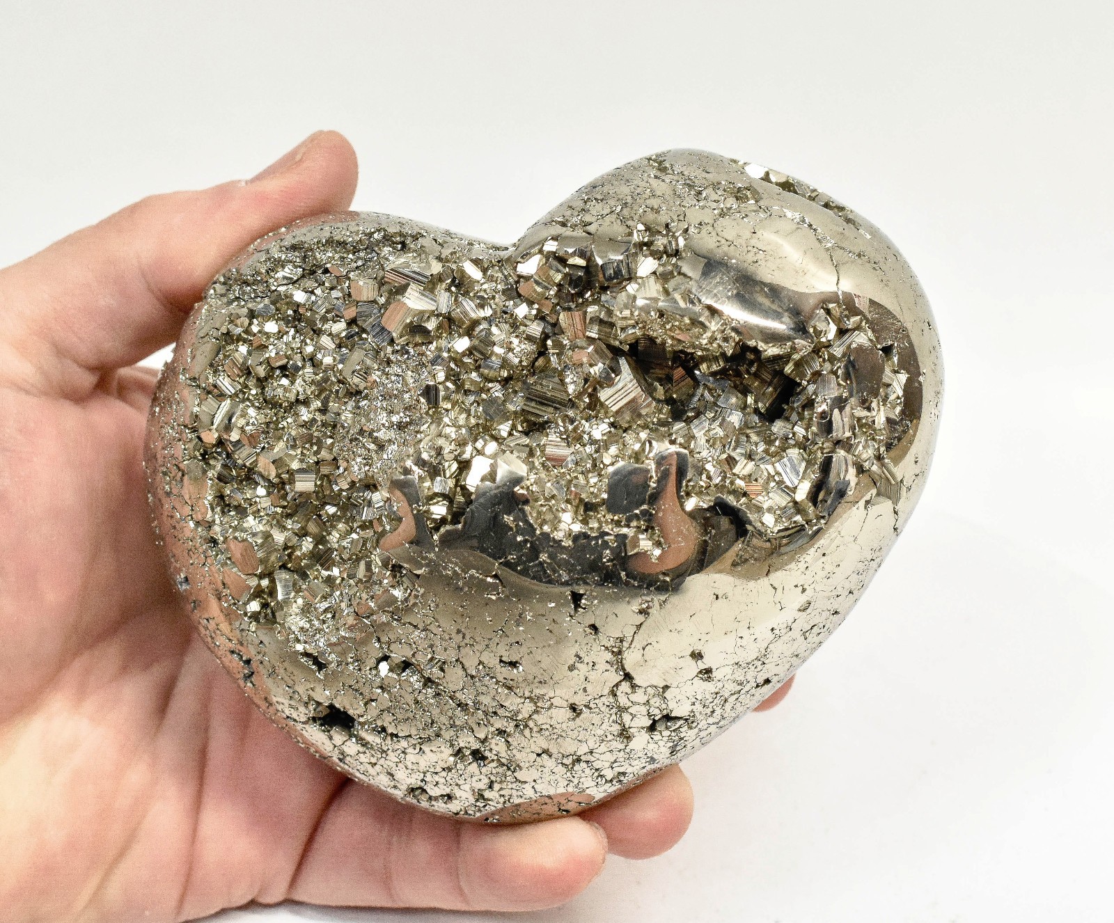 4.60" Polished PYRITE CRYSTAL HEART Carving Huanzala mine, Peru T708