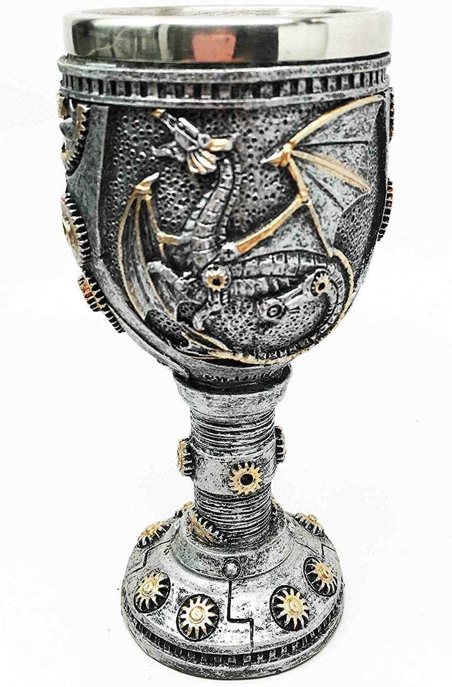 Silvered Steampunk Dragon and Gears Goblet w/Stainless Steel Liner