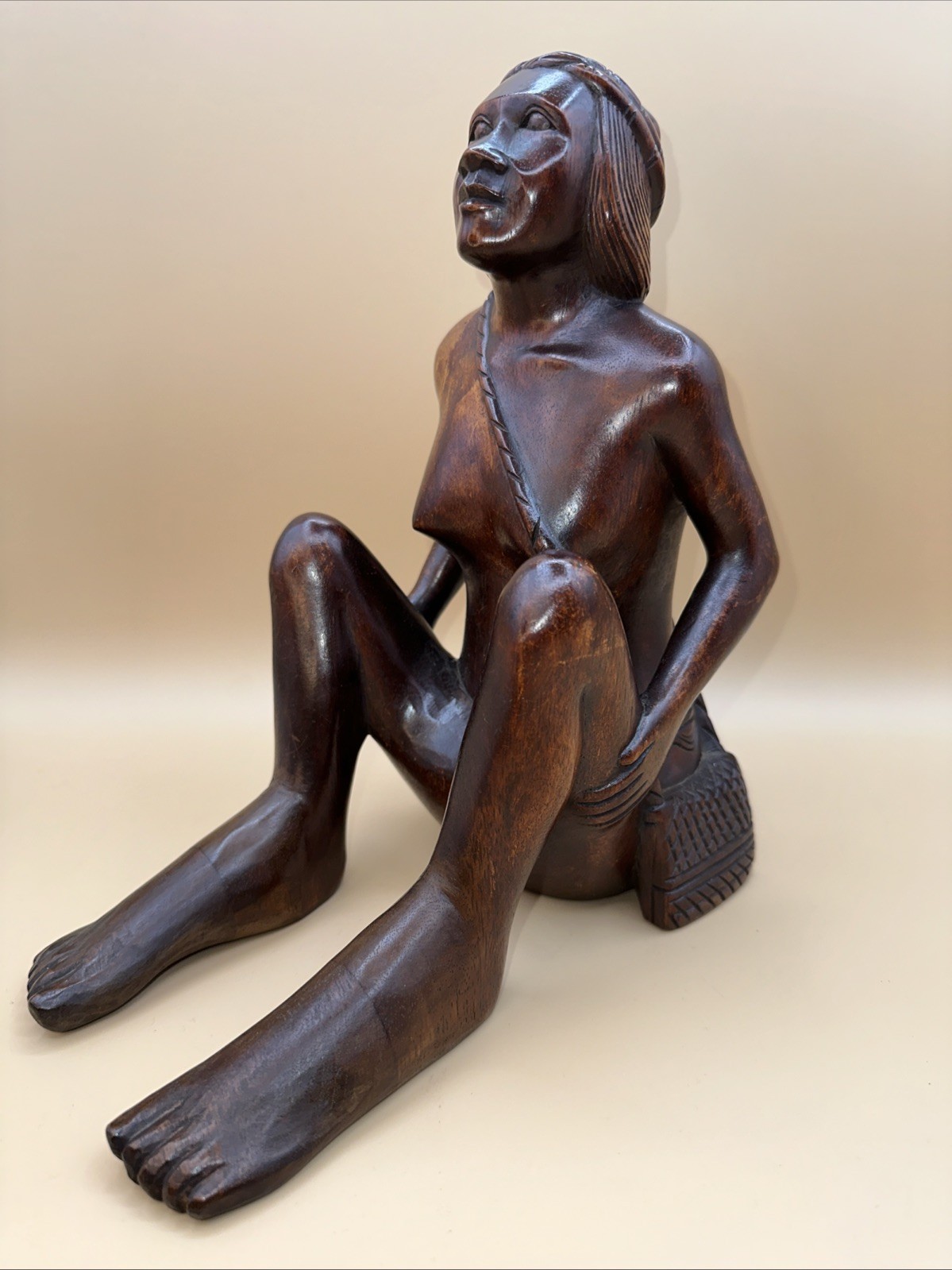 RARE!! VTG AFRICAN MAKONDE MAASAI HAND-CARVED EBONY WOOD SEATED WOMAN SCULPTURE