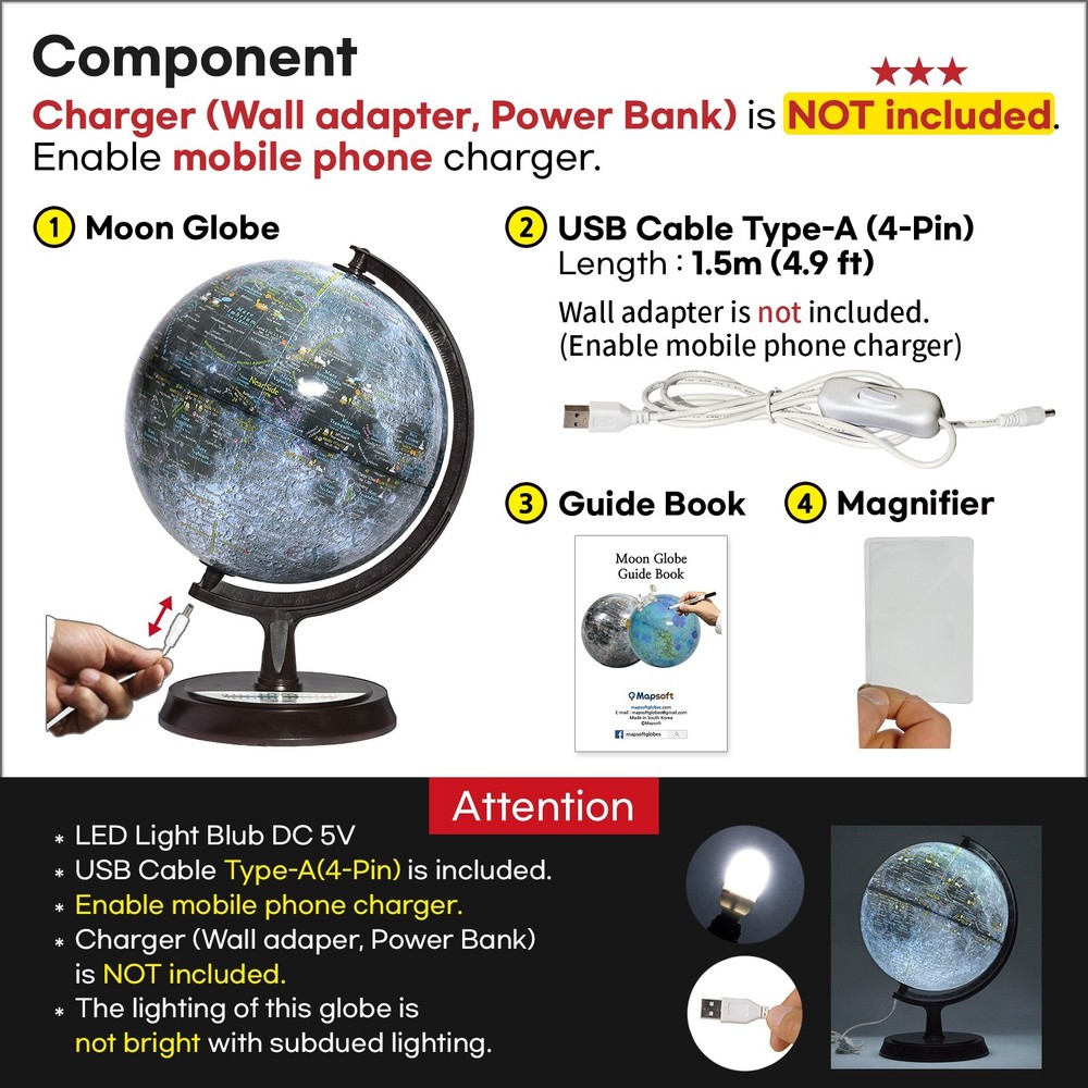 Mapsoft Explorer Illuminated Gray Moon Globe, 24cm/9.5", MI-24, Lamp, Light, Map