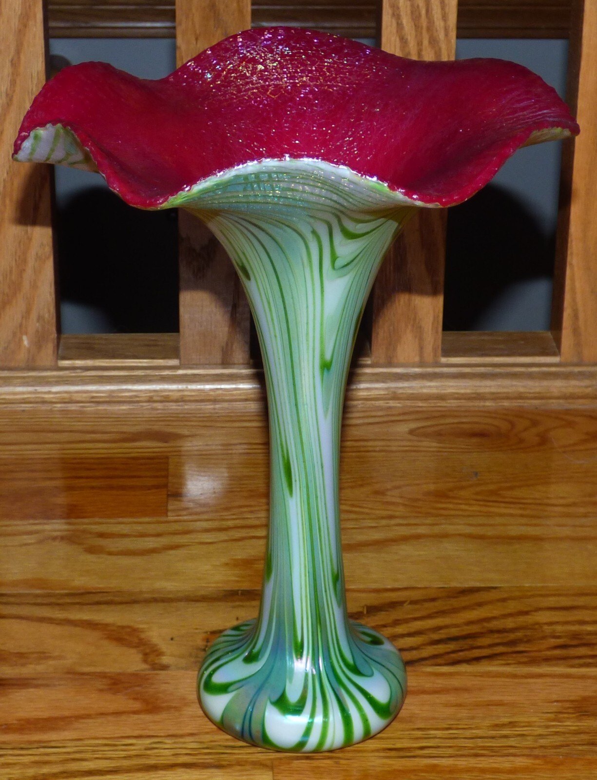 Charles Lotton Aventurine Art Glass Vase 2009 White/Green Pulled Feather 12 1/4"