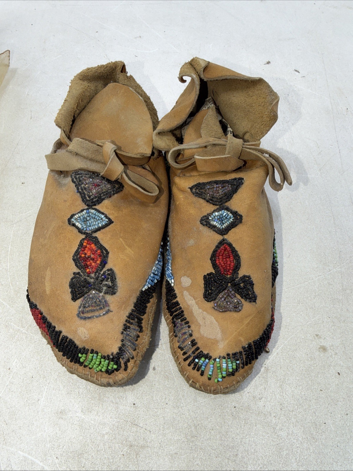 Authentic Native American Leather Beaded Moccasin Lot and Indian Rattle
