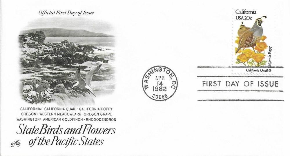 STAMP US SCOTT 1957 "California State Birds & Flower" 20 CENT FDC 1982 - B