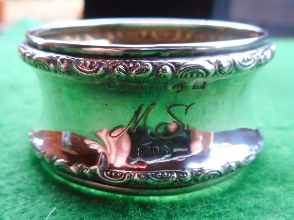 Swedish 830 Silver Napkin Ring "MS" "OS" initials engraving, dated 1900