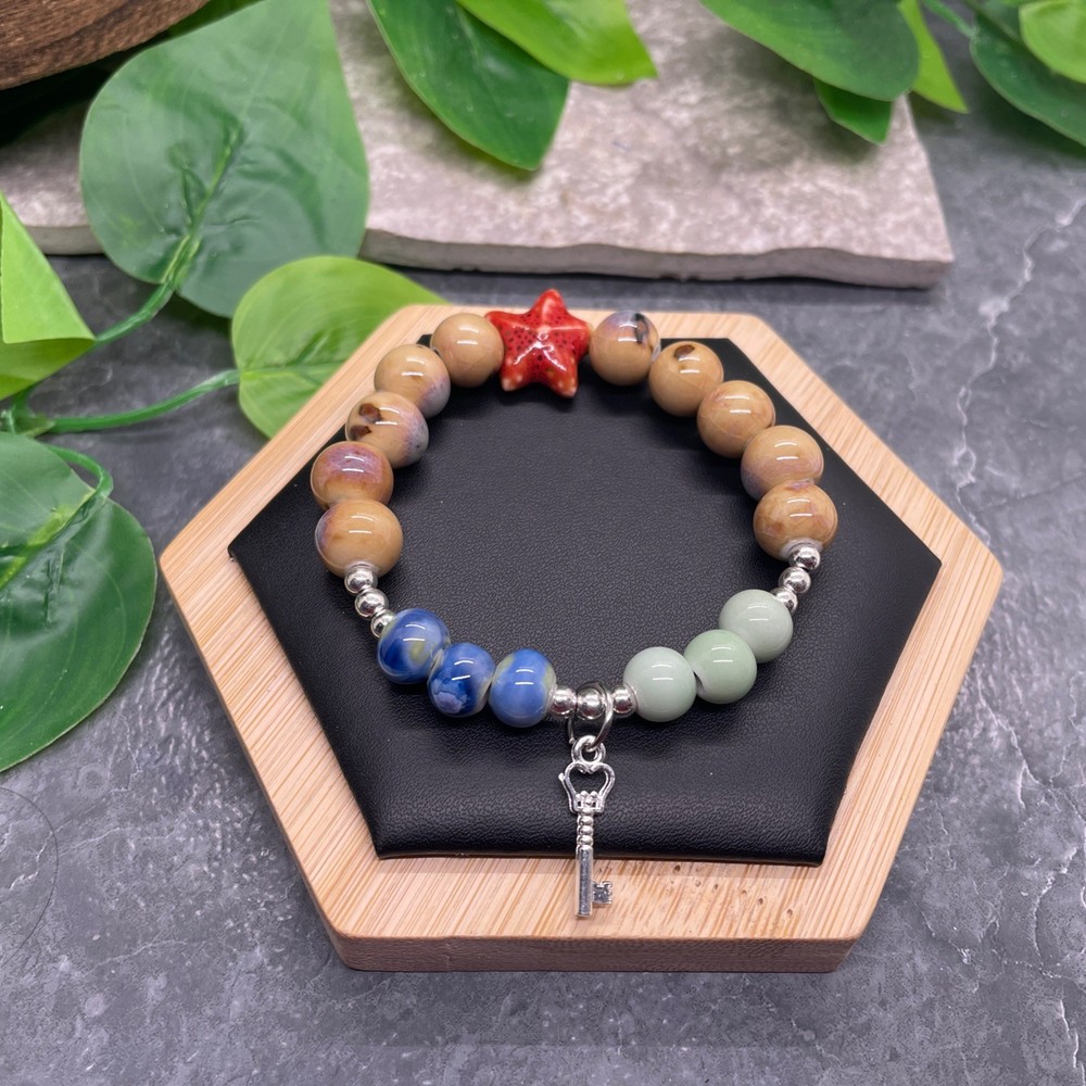 Handmade Ceramic Bead Beaded Stackable 6” Plus Stretch Bracelet New B621