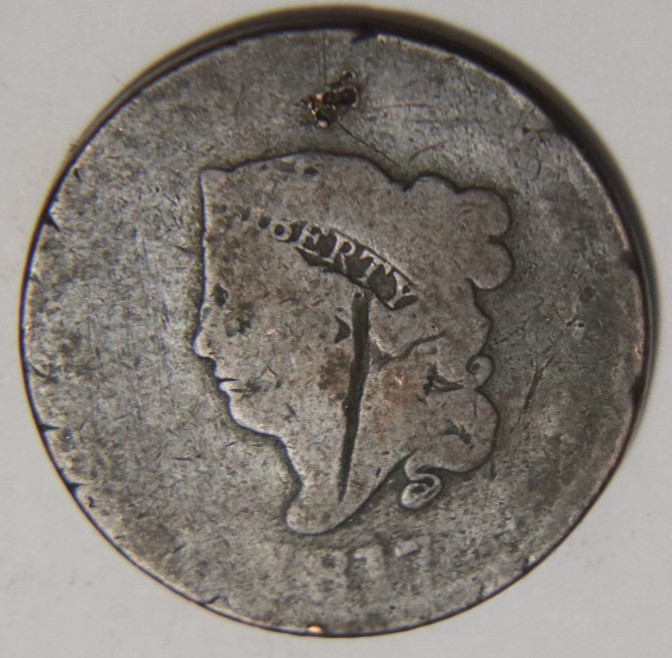 1817 Coronet Head Cent 1C Coin, Damaged