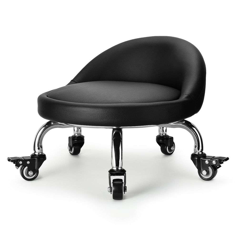 LWADALN Rolling Stool with Backrest Low Height 2"h Casters, Black