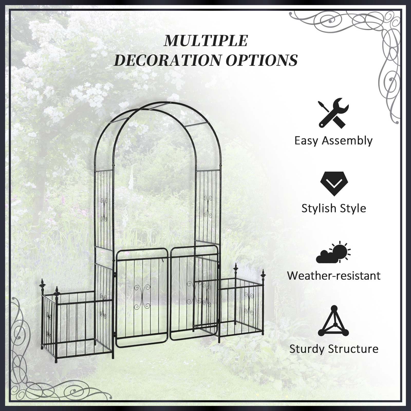 Outdoor Decorative Steel Backyard Gate & Trellis w/ Two Door Design & Scrollwork