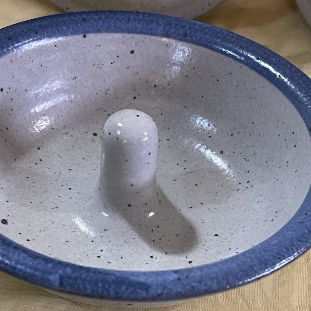 3 Apple Ring Baker Baking Dish Dessert Stoneware Blue Ceramic Pottery Signed MC