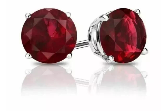 2Ct Lab Created Red Ruby Stud Earrings 14K White Gold Round Cut 7Mm Push Back