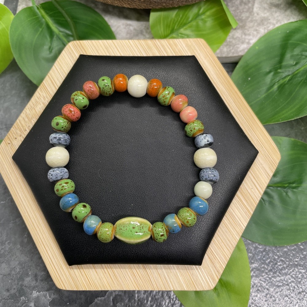 Handmade Ceramic Bead Beaded Stackable 6.5” Plus Stretch Bracelet New B7