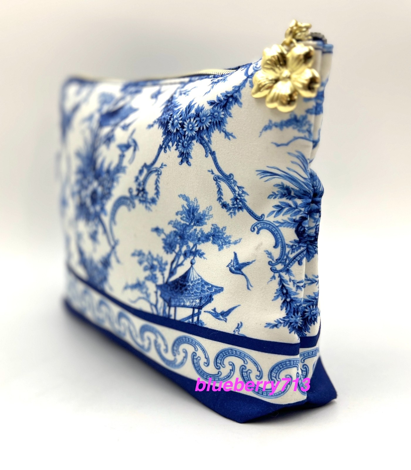 2 Bags: Estee Lauder Blue Flower , Bird Print Makeup Bag with Zipper