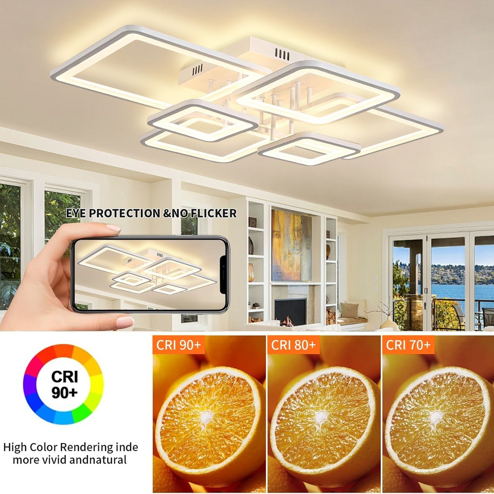 6-Ring Dimmable LED Ceiling Lamp – White Flush Mount Light with Remote Control